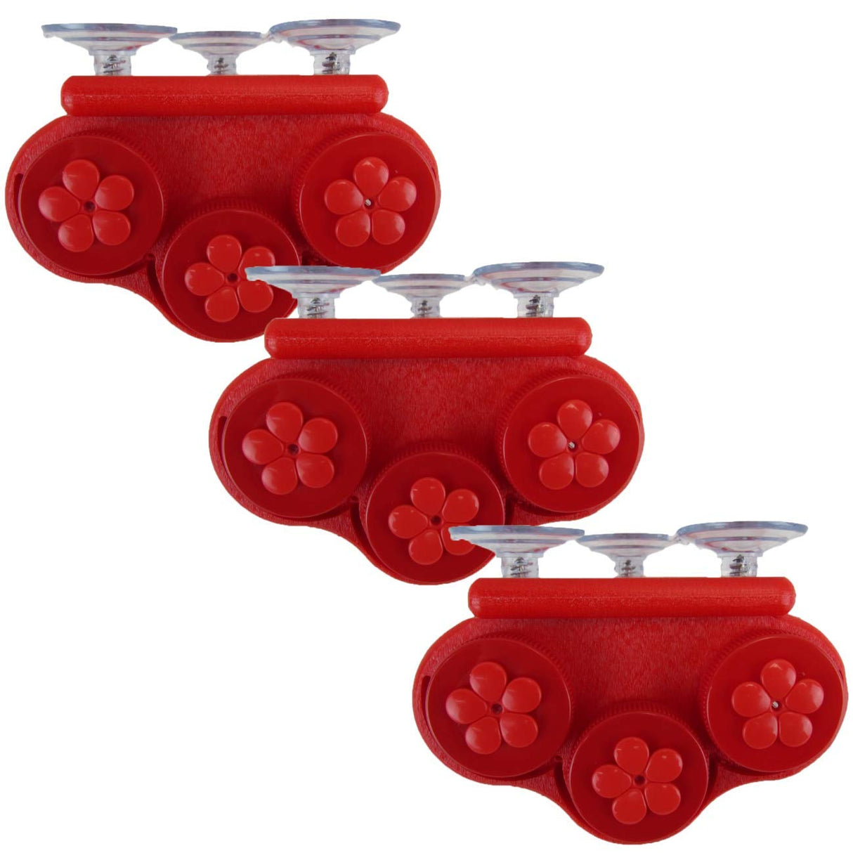 Product shot showing three red plastic suction cup organizers with flower-shaped details and clear suction cups against a white background