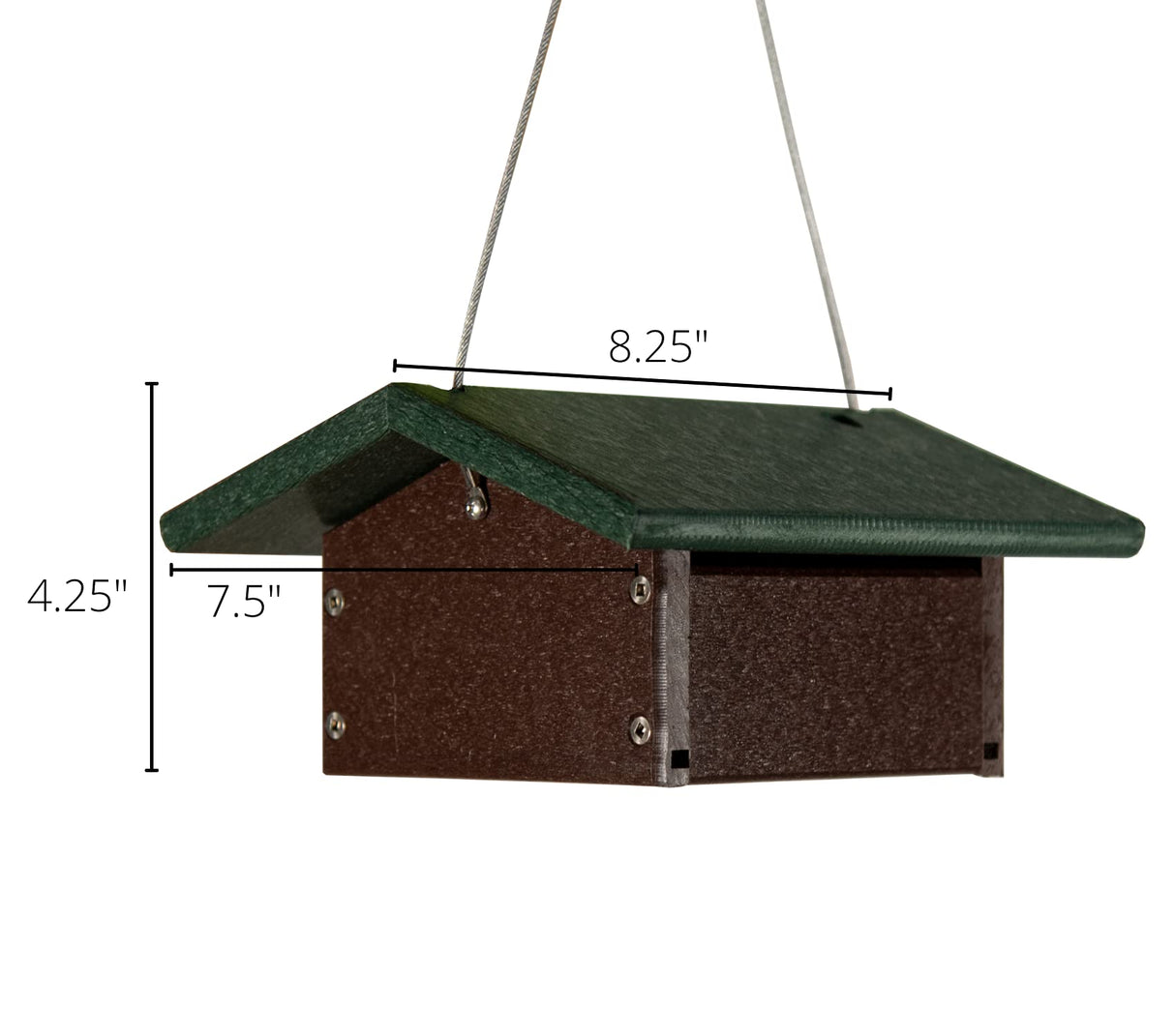 Product shot of a dark brown and green plastic hanging bird feeder with a gabled roof and visible screws showing a simple design against a white background