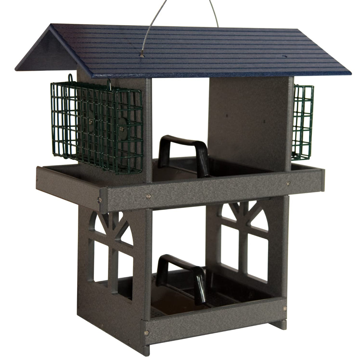 JCS Wildlife Double Fly Thru Bird Feeder with Suet Cages, perfect for attracting birds with dual seed trays.