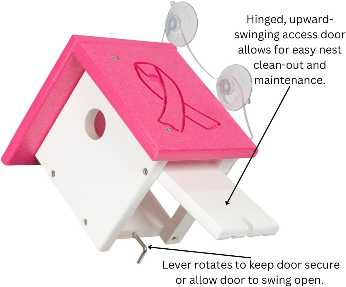 Annie's Breast Cancer Collection birdhouse with a pink ribbon, featuring easy clean-out access and secure door mechanism.