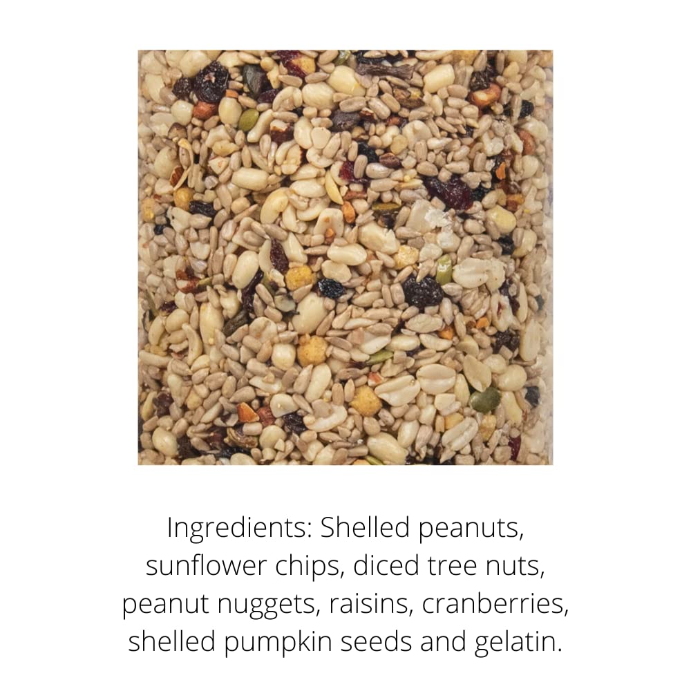 Photograph of a birdseed mix featuring shelled peanuts sunflower chips and cranberries with added gelatin