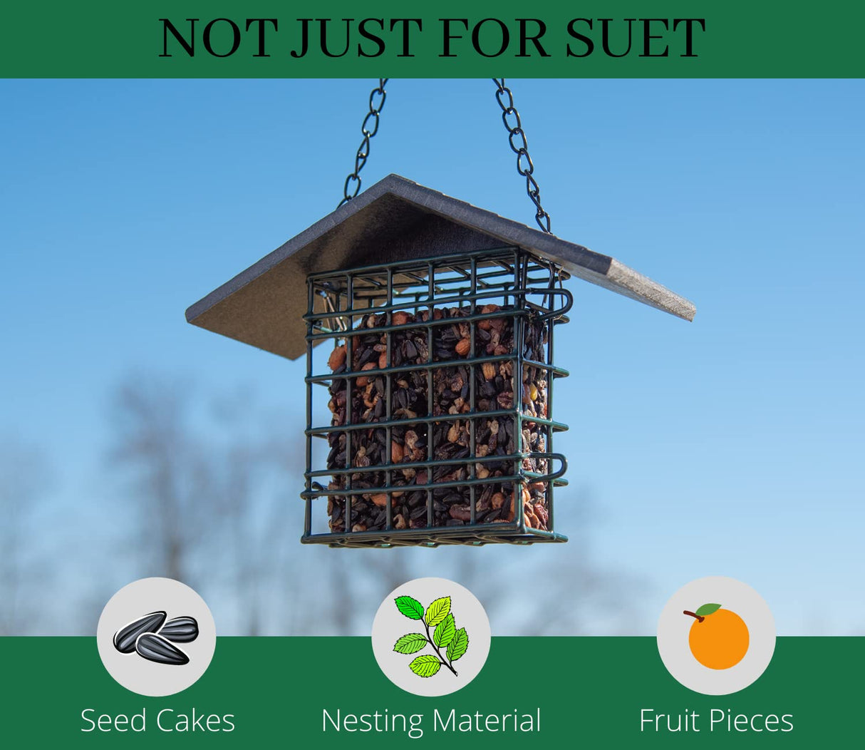JCS Wildlife Single Suet Cage with Poly Lumber Roof, ideal for seed cakes, nesting material, and fruit pieces.