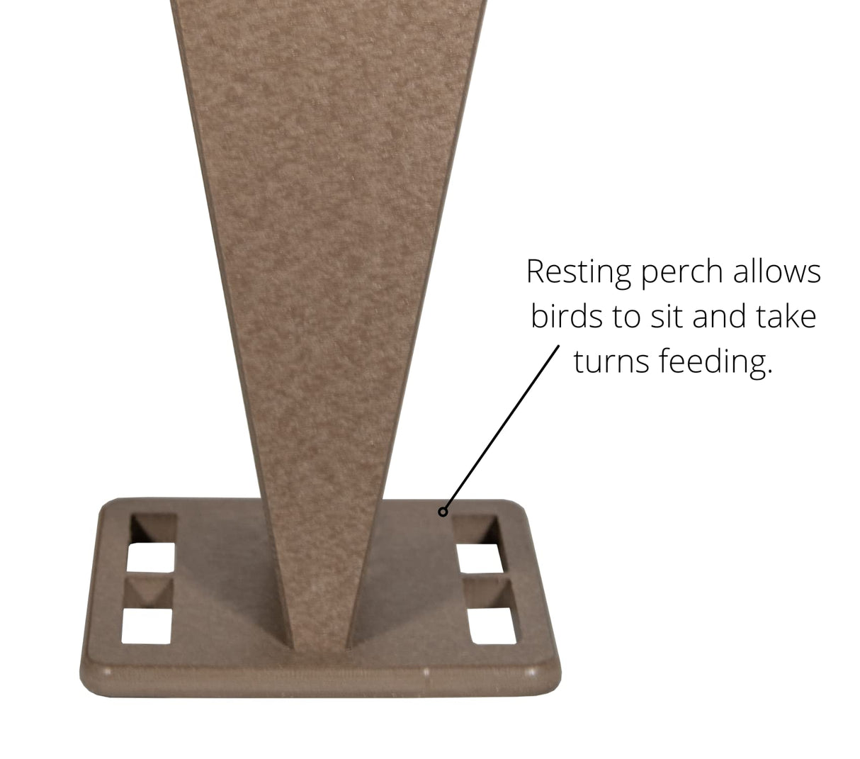 Product shot of a taupe-colored plastic bird feeder with a resting perch and a textured surface featuring drainage holes in the base for easy cleaning