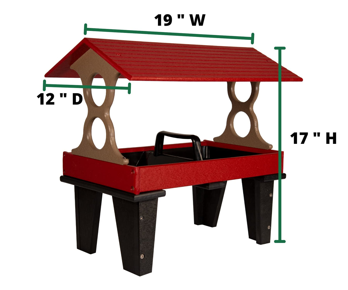 Product shot of a red and taupe plastic bird feeder with a gabled roof and black legs on a white background showing dimensions of 19 inches wide 12 inches deep and 17 inches high