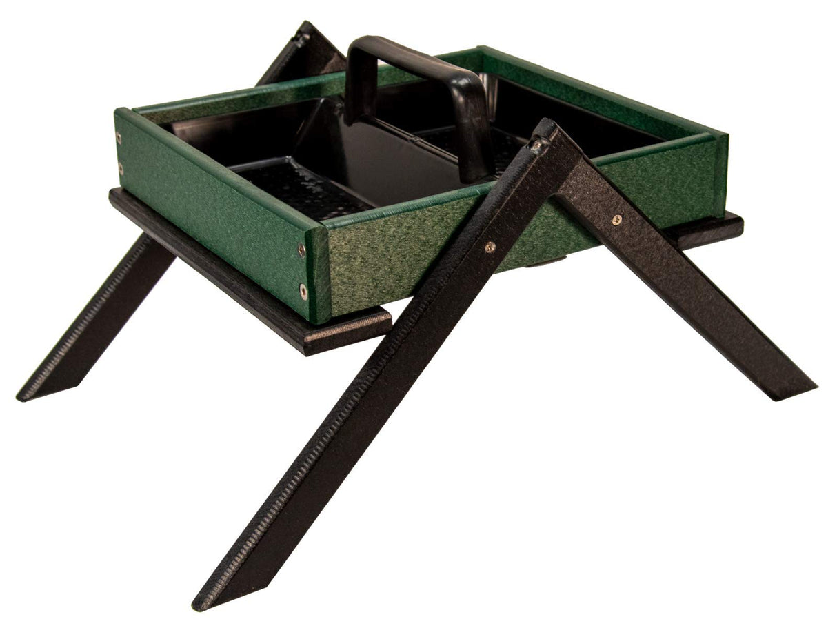 Product shot of a green and black recycled plastic bird feeder with a carrying handle and textured legs on a white background