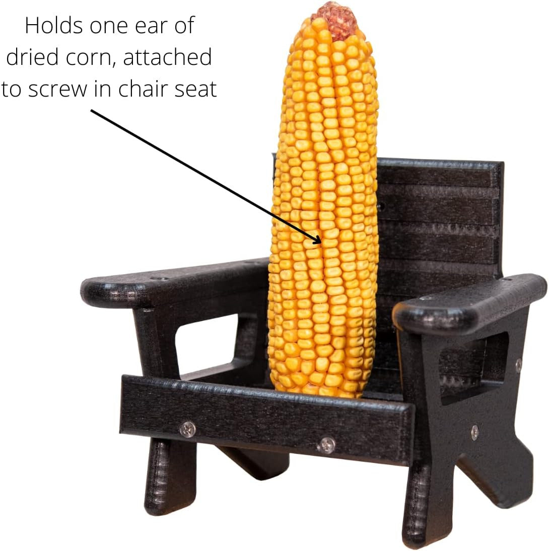 JCS Wildlife Black Squirrel Chair Feeder holding one ear of dried corn, designed for squirrels to snack comfortably.