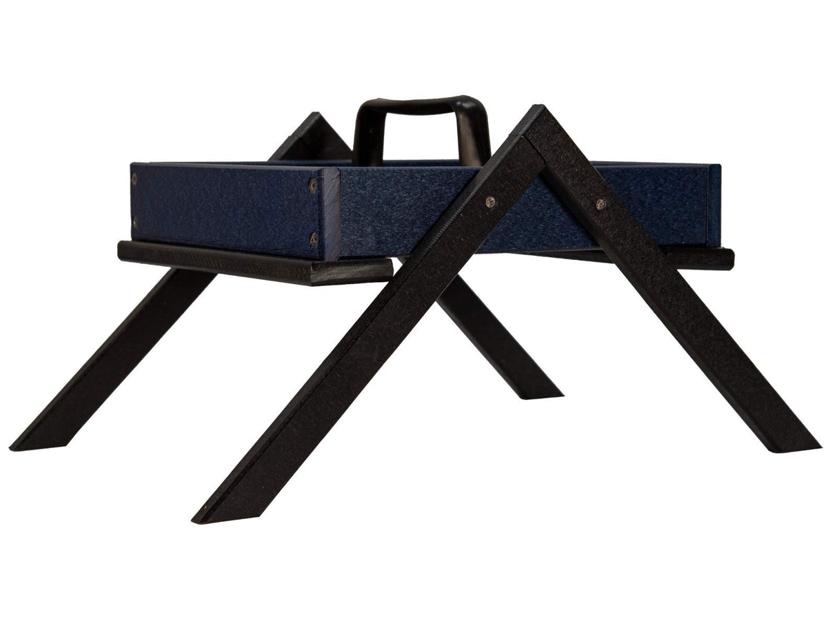 A dark blue and black wooden tray with a handle and X-shaped stand shows visible screws and a textured surface