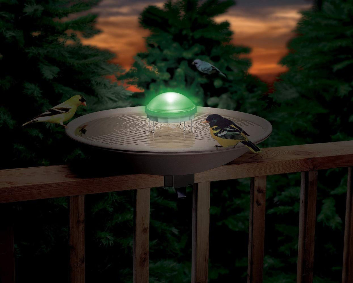 Product Photography: Birds at a solar-powered birdbath on a deck railing at dusk, featuring a glowing green light, ripples in the water, and yellow and black birds among evergreen trees.