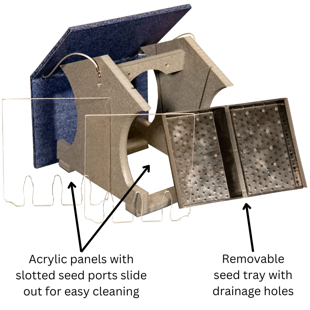 JCS Wildlife Small Hopper Bird Feeder showcasing acrylic panels and removable seed tray for easy cleaning and drainage.