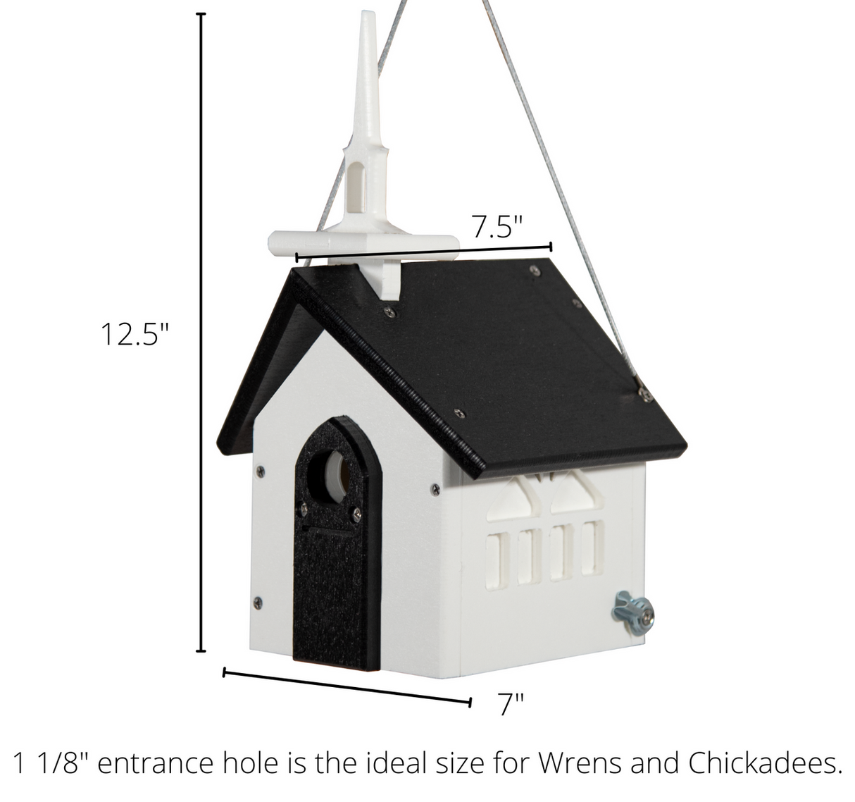 Wooden birdhouse designed as a charming church with a steeple and black roof featuring a small white door and three windows ideal for wrens and chickadees