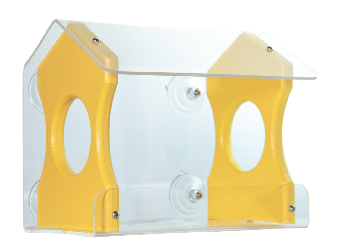 Acrylic bird feeder with yellow accents and clear protective roof featuring two oval feeding holes and suction cup attachments for easy window placement