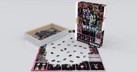 Eurographics 1000-piece puzzle depicting KISS album covers featuring iconic band members Gene Simmons, Paul Stanley, Ace Frehley, and Peter Criss with vibrant colors and dynamic imagery showcasing the band's signature makeup and album art