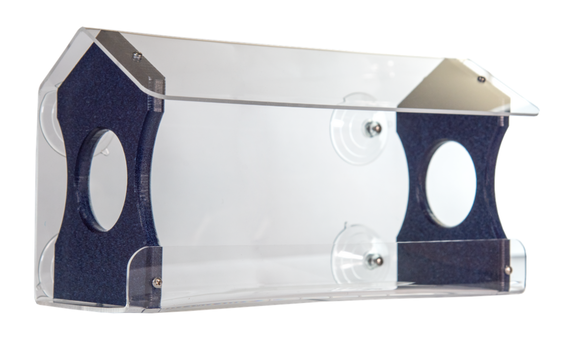 Acrylic bird feeder with dark blue perches and clear protective cover featuring suction cups for easy window mounting showcasing two feeding ports and a sloped roof