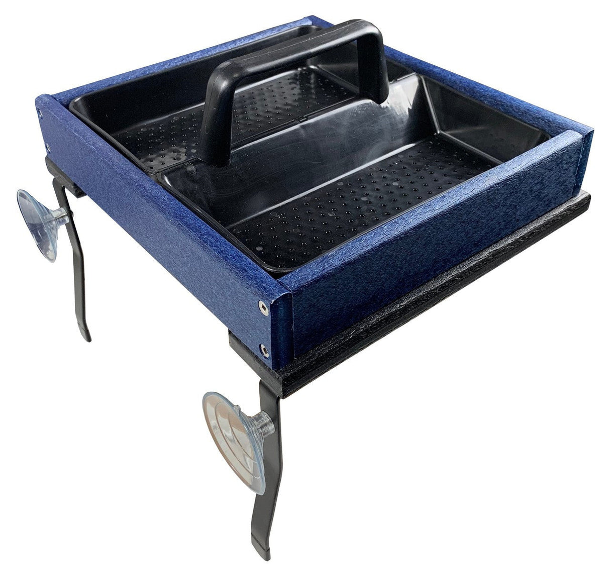 Product shot of a blue and black plastic bird feeder with suction cups and a textured surface showing a handle and two compartments