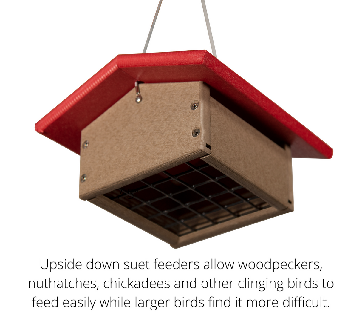 Recycled plastic and wood upside-down suet feeder with a red roof and wire mesh base designed for clinging birds in a backyard setting