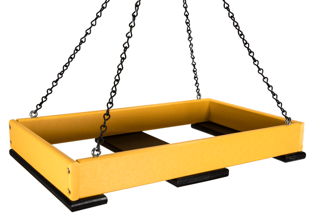 JCS Wildlife Large Poly Lumber Hanging Platform Feeder in bright yellow color, ideal for attracting birds to your garden.