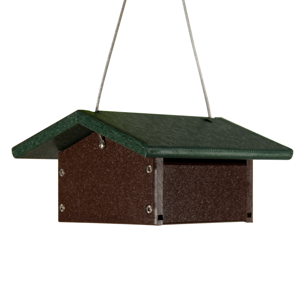 Recycled plastic bird feeder hanging from silver wire showing dark brown body and dark green roof with visible screws