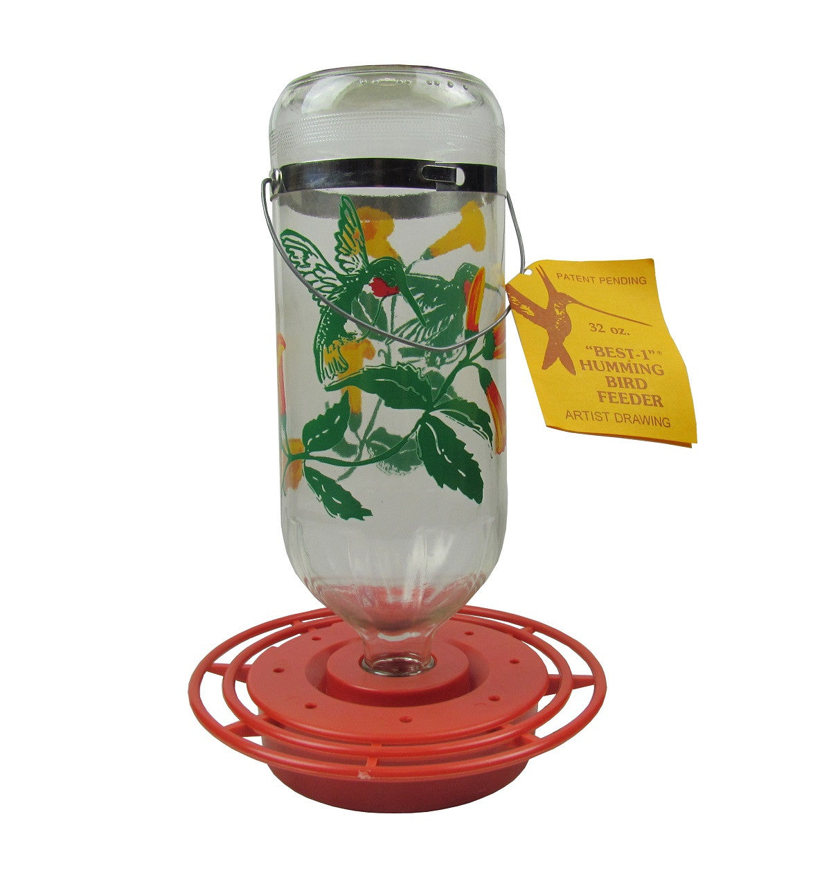 Artist drawing of a glass hummingbird feeder with green leaves yellow flowers and two hummingbirds on a red base
