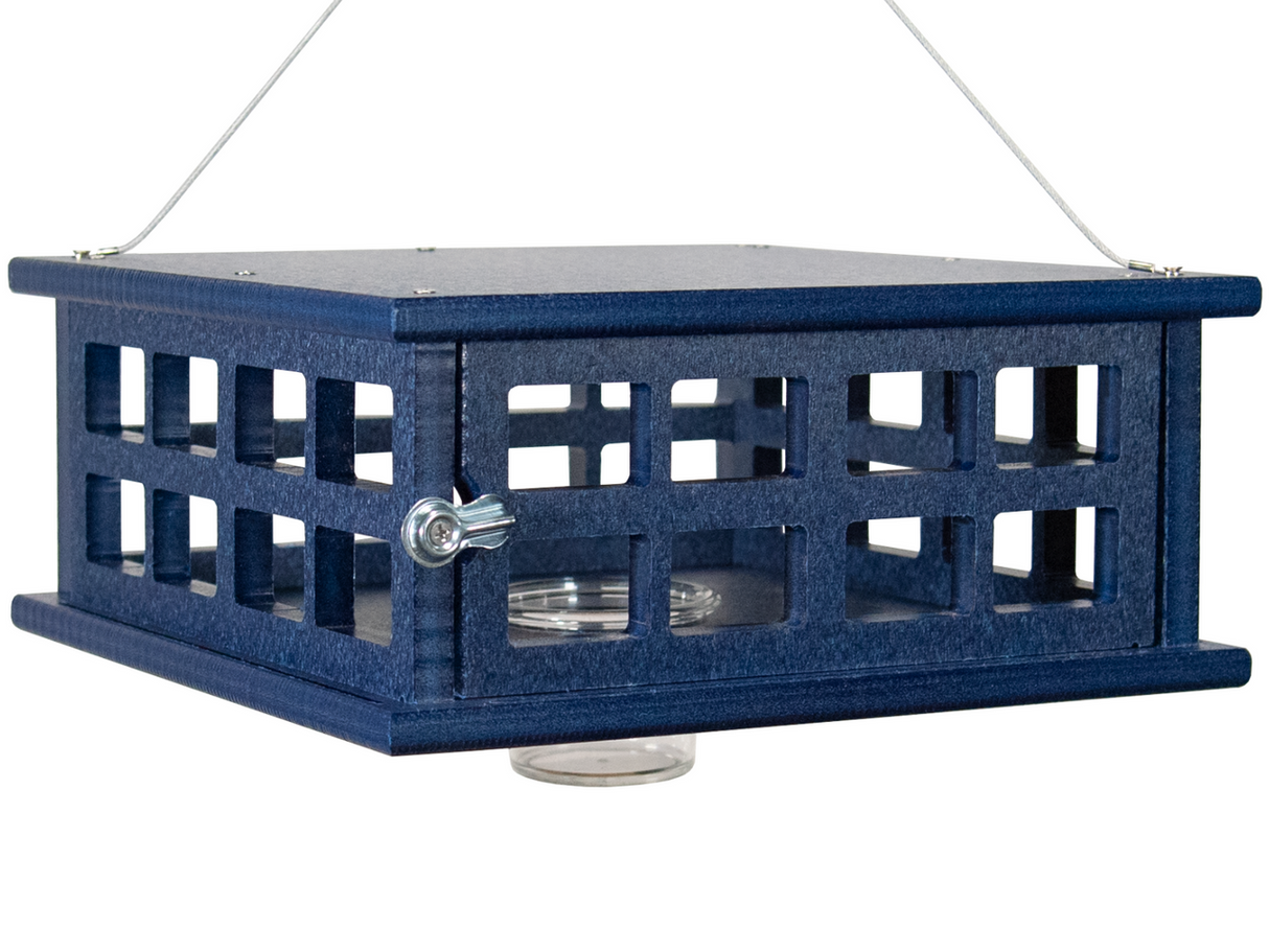JCS Wildlife Recycled Poly Lumber Caged Platform Bluebird Feeder in blue with single cup design for mealworms.