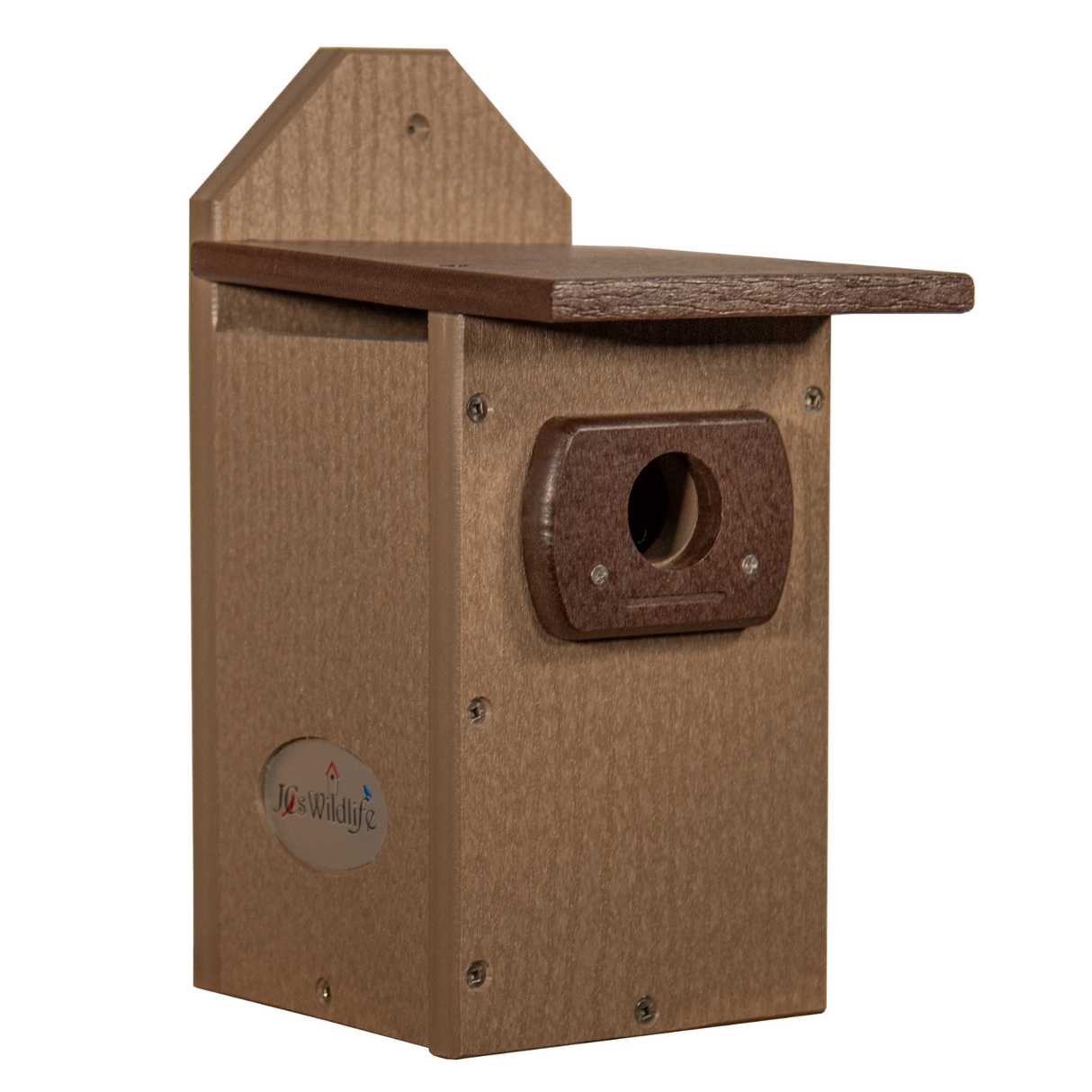 JG's Wildlife recycled plastic birdhouse featuring a dark brown roof a tan body and a circular entry hole