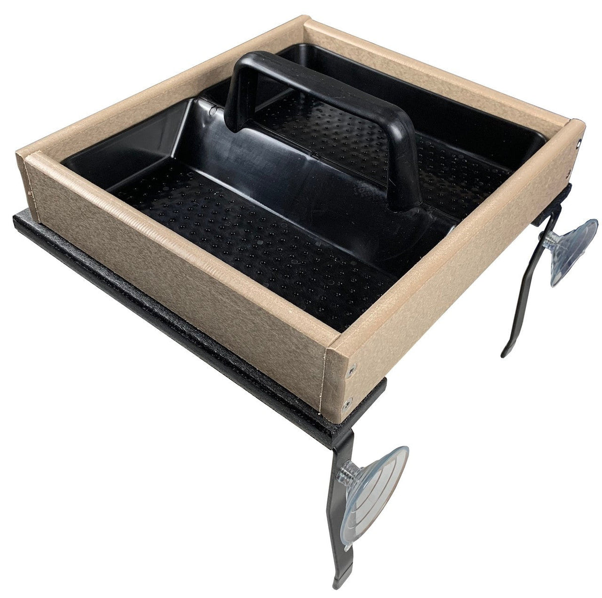 Plastic bird feeder with beige frame black tray and suction cups for window attachment featuring a convenient carry handle and perforated feeding surface