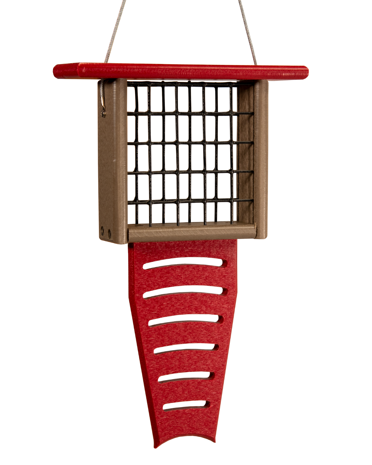 Plastic bird feeder with red and taupe accents featuring a wire mesh seed container and a uniquely shaped red tray for perching