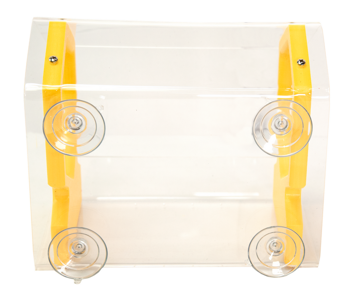 Product shot of a clear acrylic bird feeder with yellow suction cup base and clear suction cups four cornered design