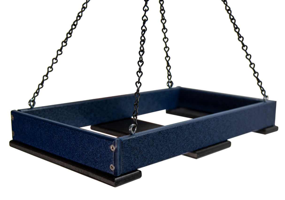 JCS Wildlife Large Poly Lumber Hanging Platform Feeder in blue, designed for easy cleaning and attracting birds.
