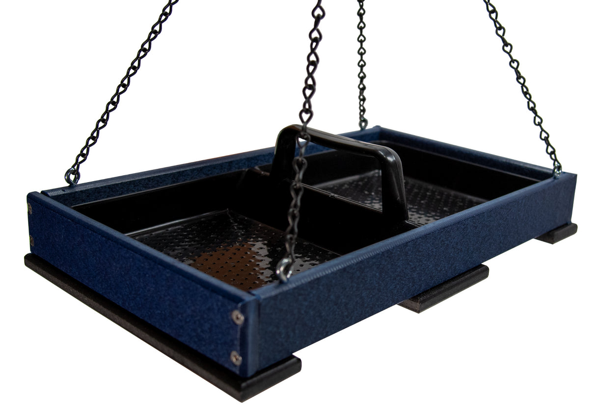 JCS Wildlife Large Poly Lumber Hanging Platform Feeder in blue, designed for easy cleaning and attracting birds to your garden.
