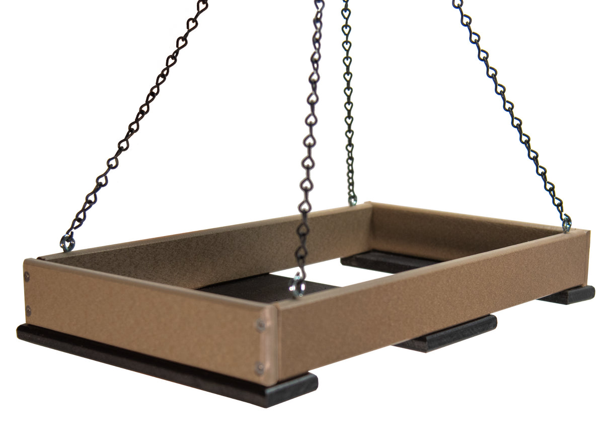 JCS Wildlife Large Poly Lumber Hanging Platform Feeder in brown, featuring removable tray and chains.