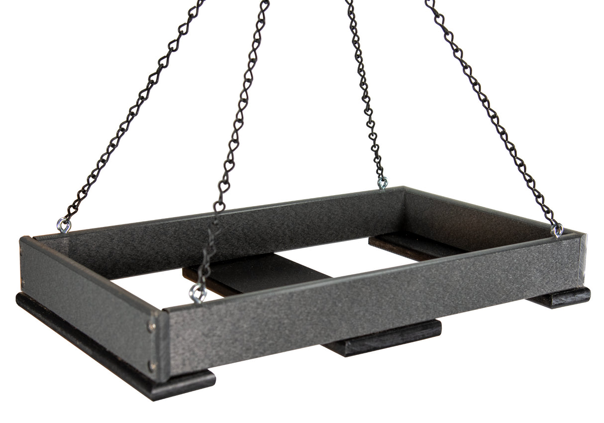 JCS Wildlife Large Poly Lumber Hanging Platform Feeder in black, perfect for attracting birds to your garden.