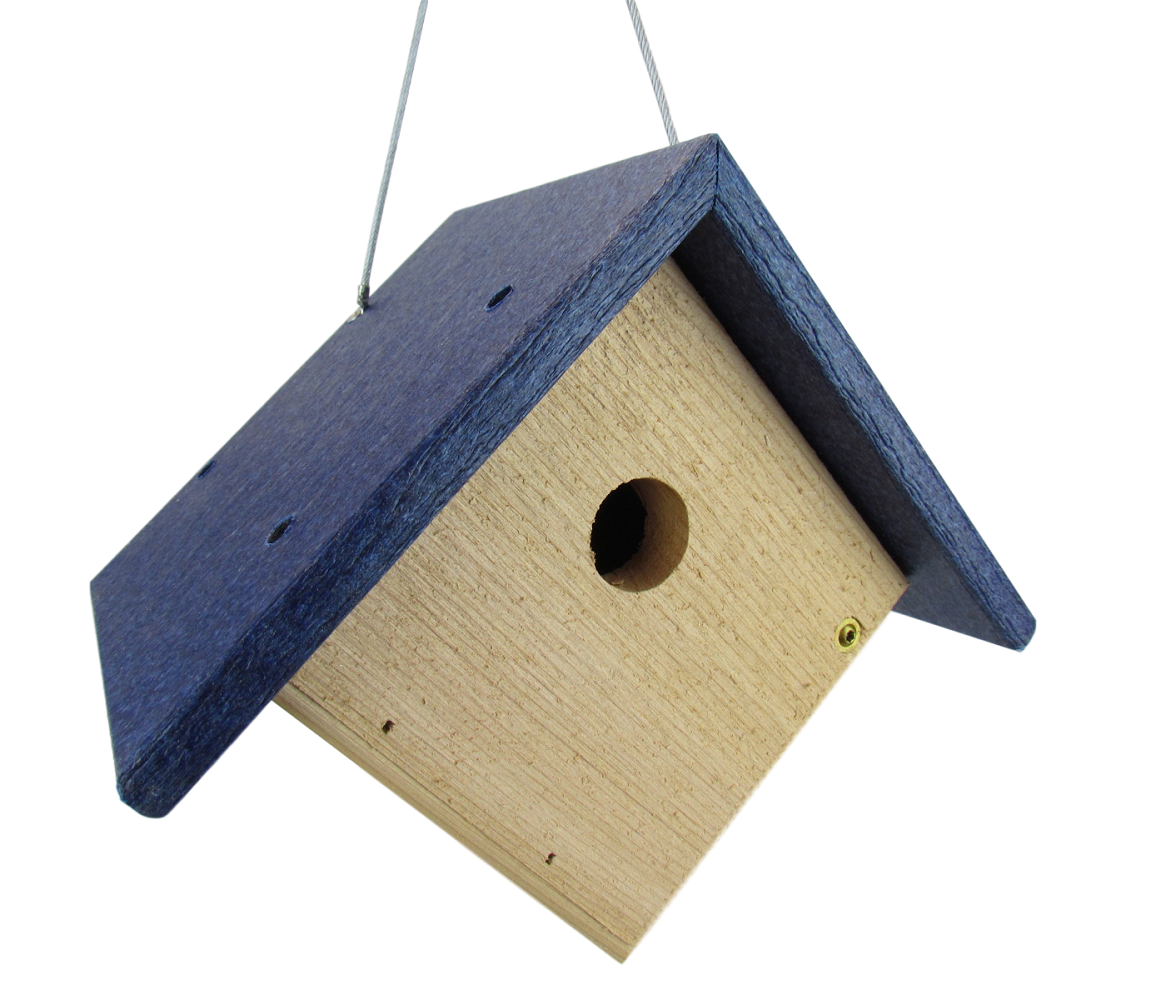 Wooden birdhouse with a dark blue roof hanging on a wire featuring a circular entry hole and small gold screws visible on the side