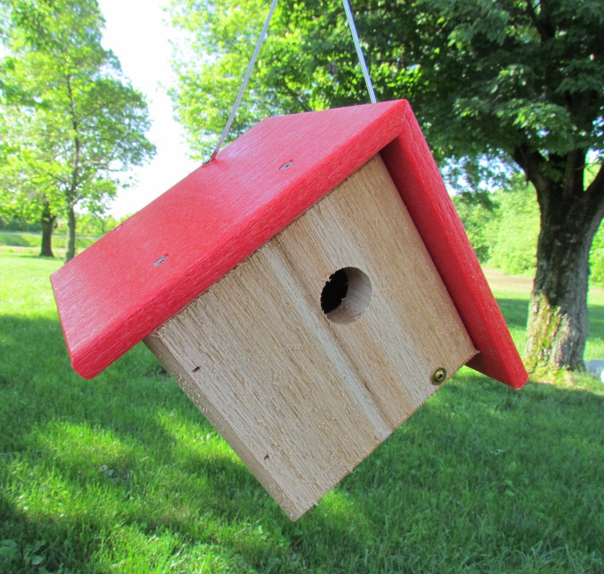 Handmade wooden birdhouse with bright red roof hanging outdoors against a backdrop of green grass and lush trees showing a visible entry hole and brass colored screws