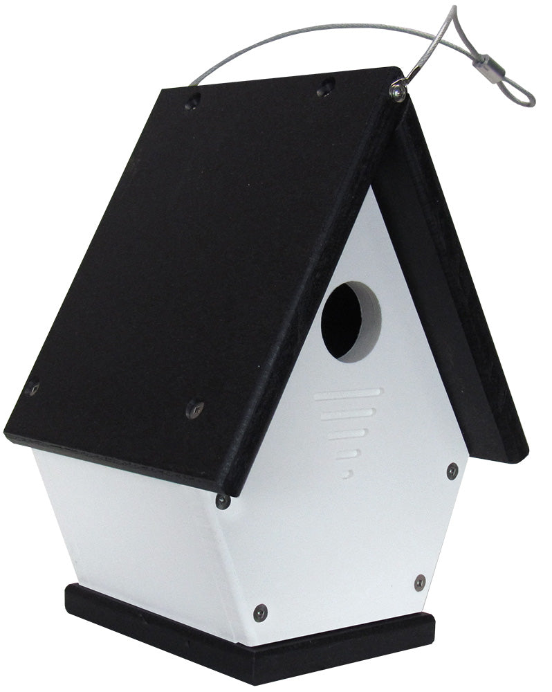 Plastic birdhouse with black roof and white body featuring ventilation slots and a circular entry hole, perfect for gardens or backyards.