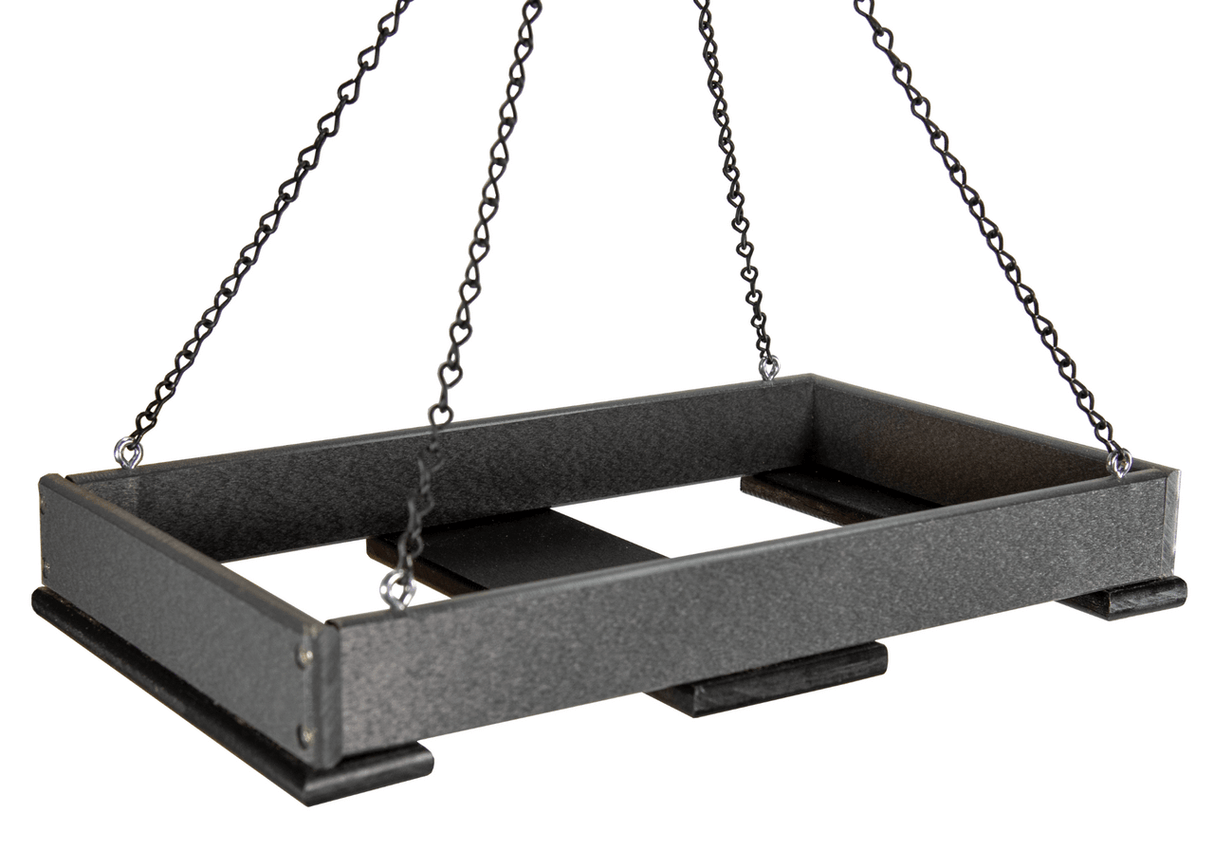 JCS Wildlife Large Poly Lumber Hanging Platform Feeder in black, designed for easy bird watching in your garden.