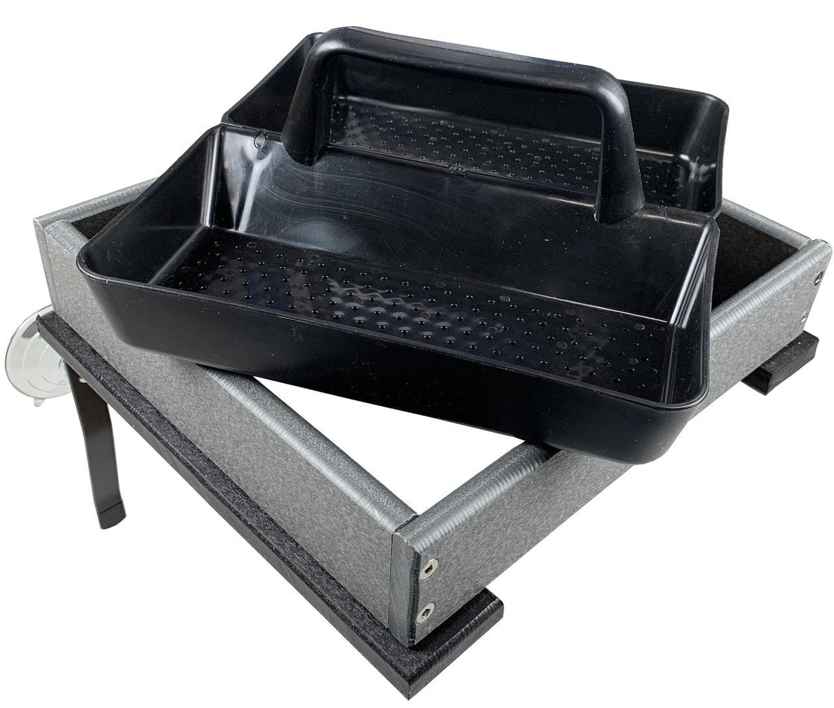 Photograph of a gray and black plastic tray with removable black tray featuring a handle and perforated bottom inside a larger gray container with black accents and small rubber feet