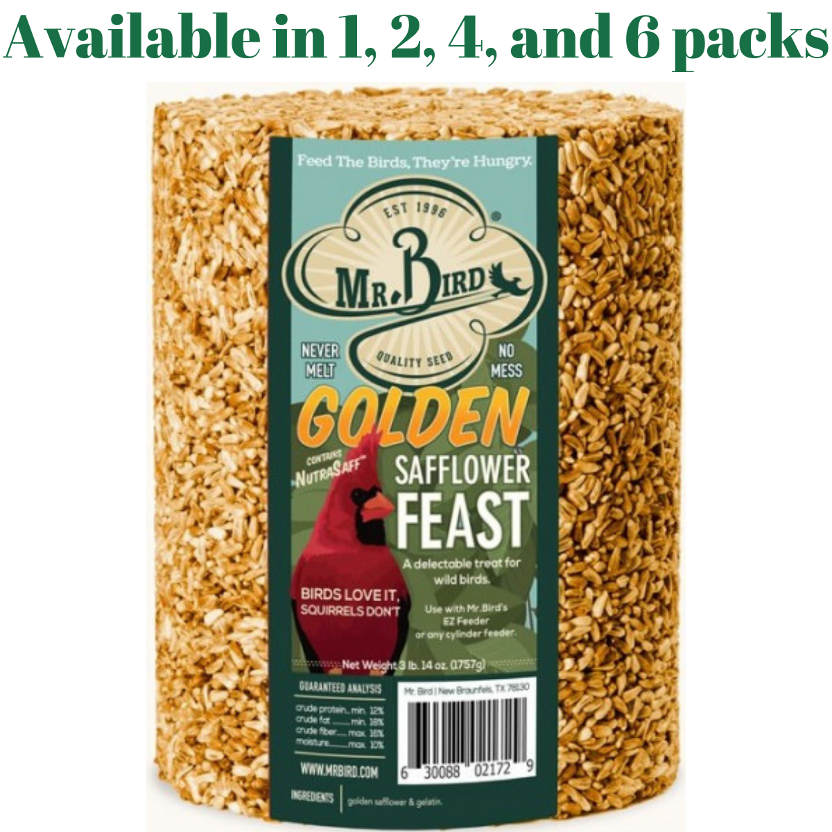 Mr. Bird Golden Safflower Feast Large Wild Bird Seed Cylinder available in 1, 2, 4, and 6 packs for attracting various birds.