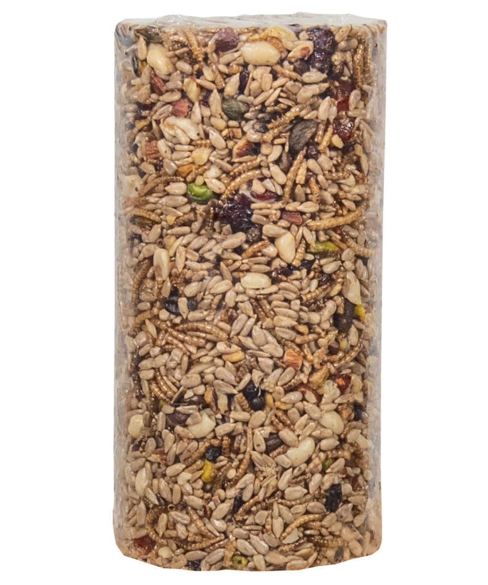 Photograph of a packaged insect and seed based bird food bar featuring sunflower seeds dried cranberries and pistachios.