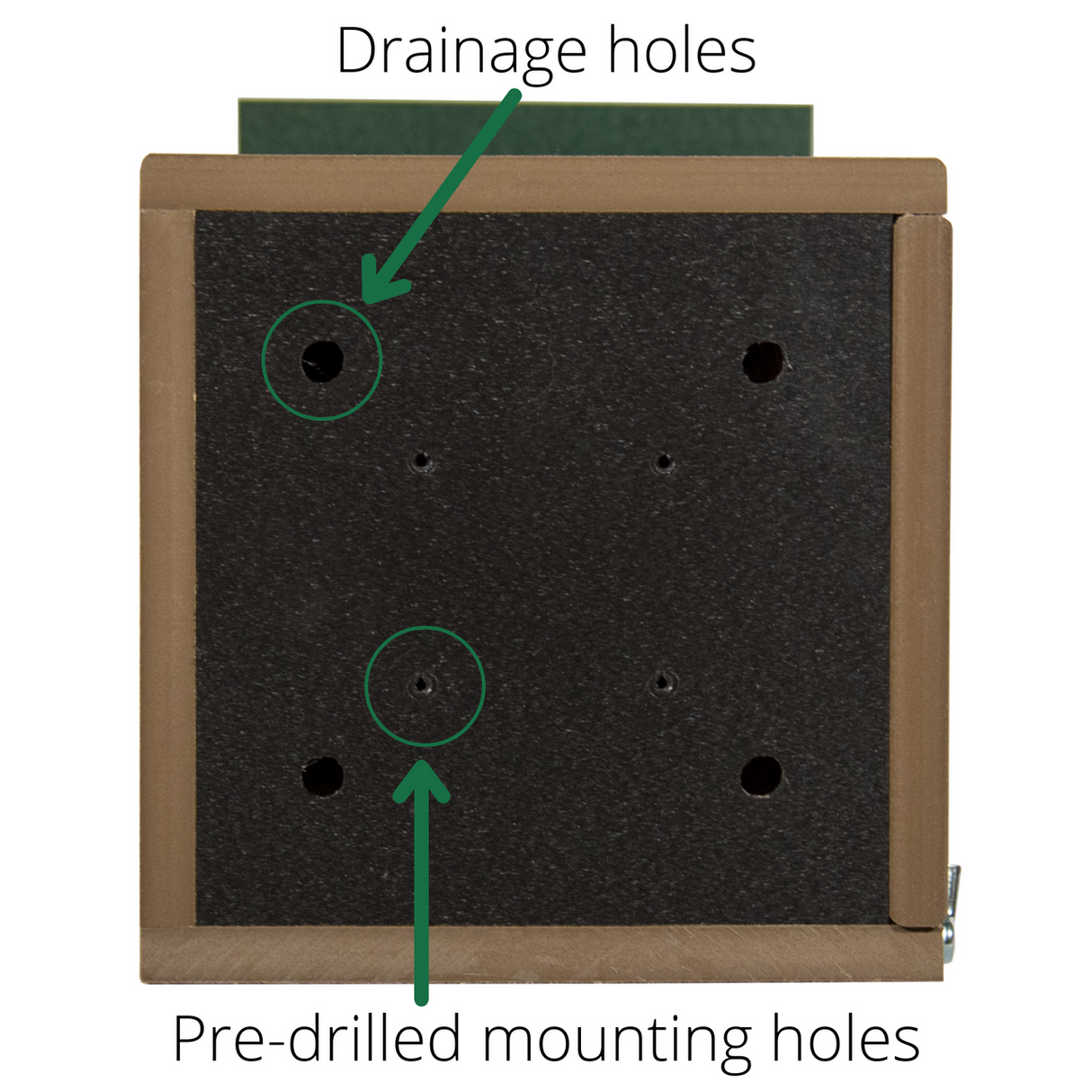 Product image showing a dark brown wooden planter box with pre-drilled mounting holes drainage holes and a dark green liner.