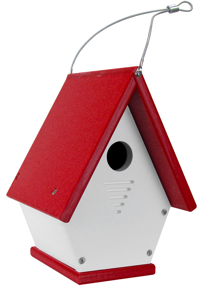 Recycled plastic birdhouse with red roof and white body featuring a circular entry hole ventilation slots and a hanging wire