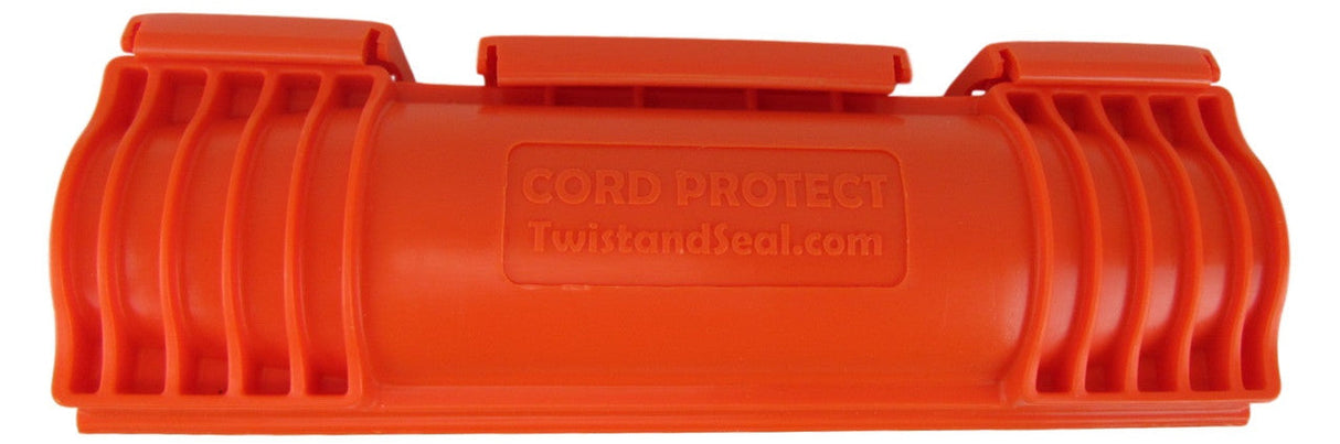 Product shot of an orange plastic TwistandSeal.com CORD PROTECT cord protector with ribbed sides and a hinged design showing the brand name embossed in the center.