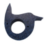 Dark blue wood bird-shaped napkin ring with a central hole and two smaller holes on the sides showing unique wood grain and subtle color variations