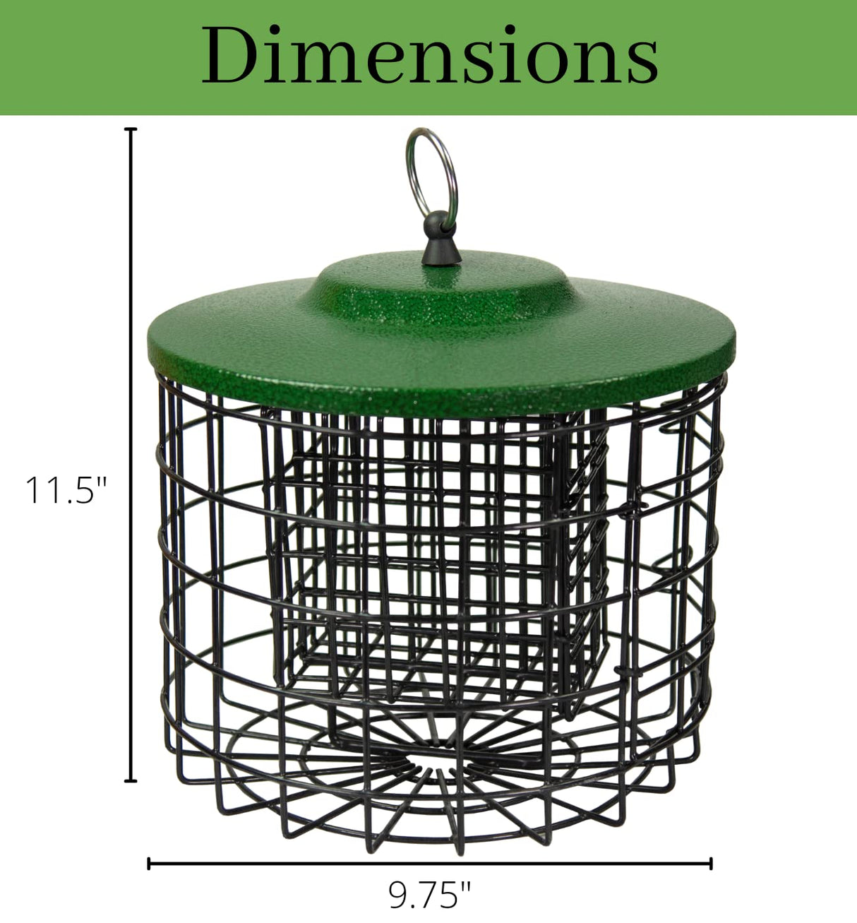 Dimensions of the Squirrel Stopper Round Squirrel Proof Suet Feeder, measuring 11.5 inches high by 9.75 inches wide.