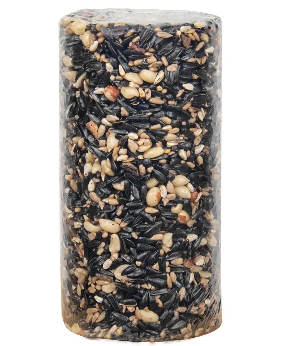 Packaged birdseed mix containing sunflower seeds, peanuts, and other assorted seeds in a clear cylindrical container
