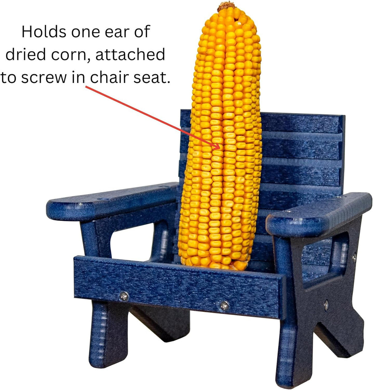 JCS Wildlife Black Squirrel Chair Feeder with dried corn cob, designed for squirrels to snack comfortably.