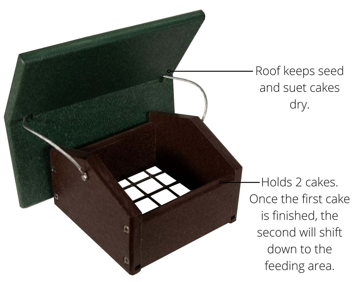 Product shot of a dark green and brown plastic double suet cake feeder with a hinged roof and wire supports showing details like its gridded base and secure fasteners