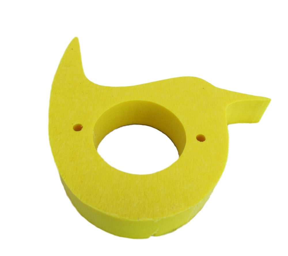 Unknown artist, yellow polyurethane foam bird-shaped doorstop with central hole and two small holes, bright color and smooth texture