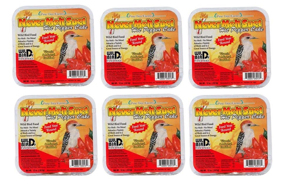 Hot Pepper Pine Tree Farm's Never Melt Suet Cake 12 oz. pack of 6, perfect for warm climate bird feeding.