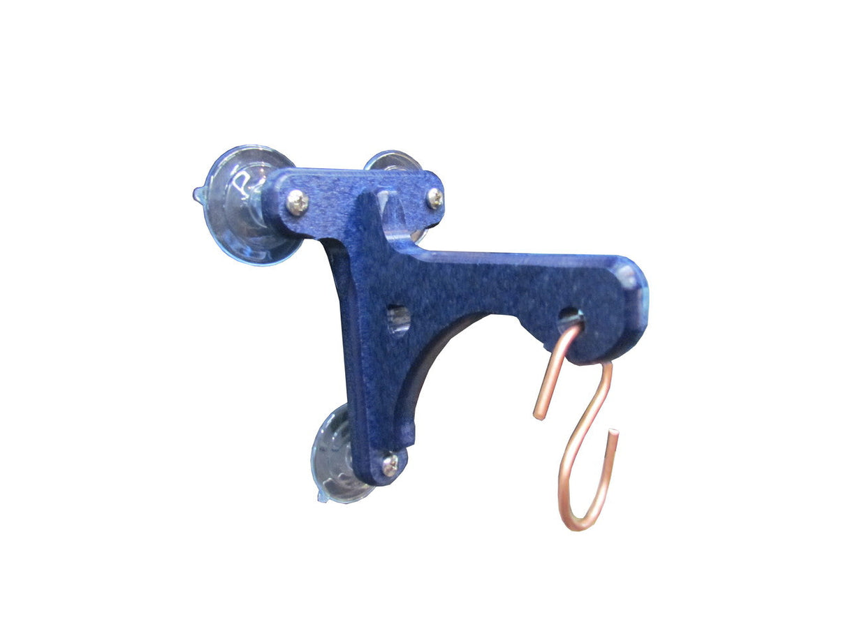 Close-up of a blue plastic suction cup hummingbird feeder with a copper hook three suction cups and metallic fasteners