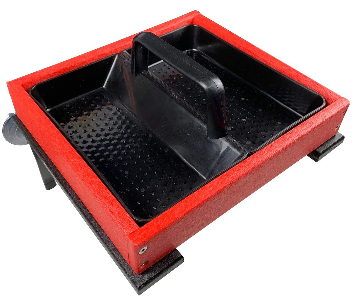 Product photography of a red and black plastic bird feeder with a carrying handle and textured feeding trays on a stand